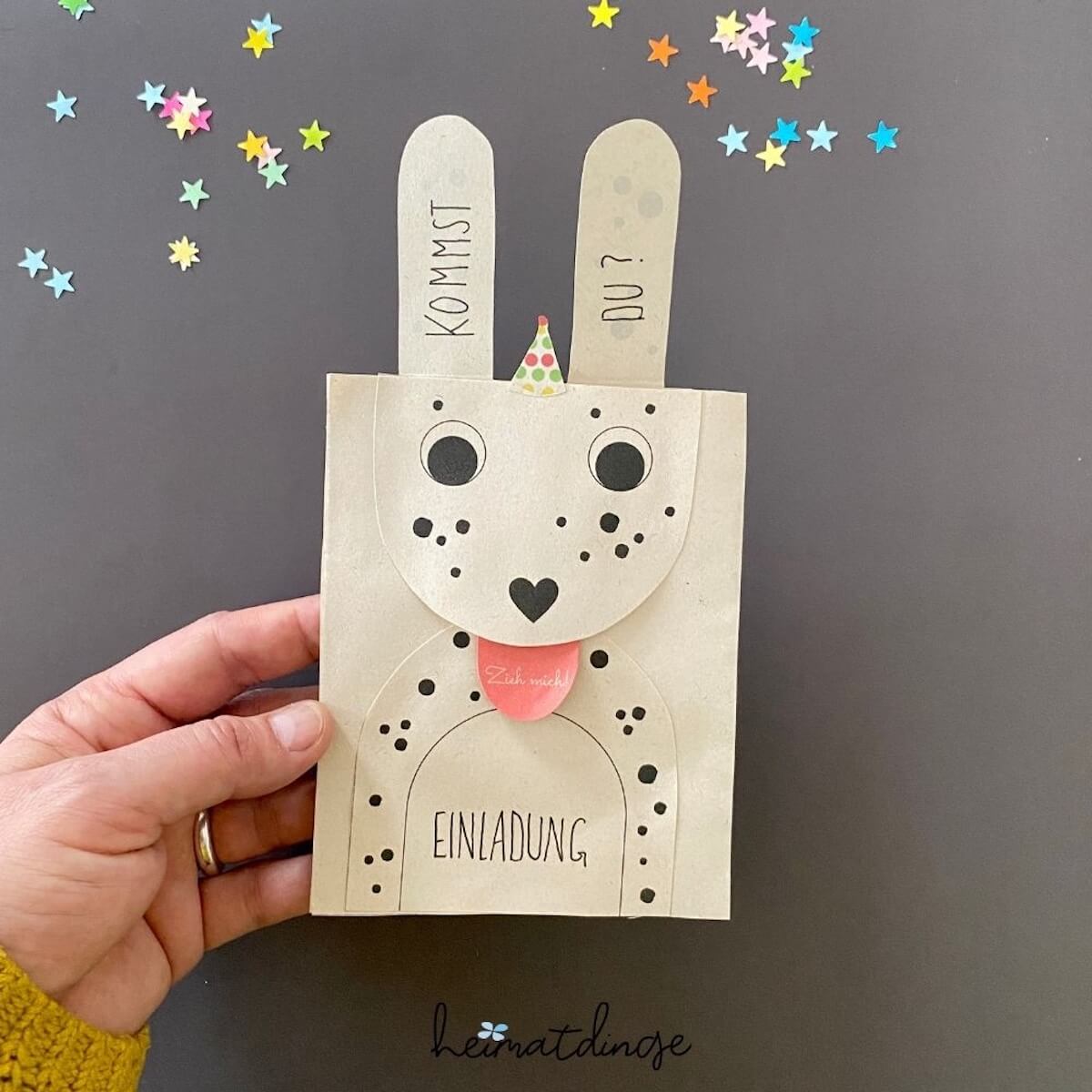 Einladung für den Kindergeburtstag Motiv Hund mit Ohren zum Ausklappen