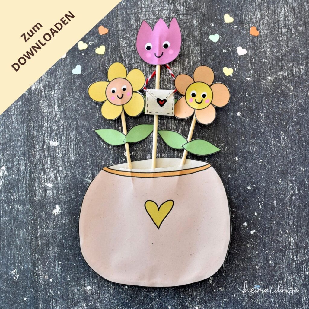 Basteln für den Frühling mit Kindern – 3 einfache Upcycling DIY-Ideen 21 DIY Muttertagskarte mit Blumen zum Ausdrucken und Basteln mit Kindern