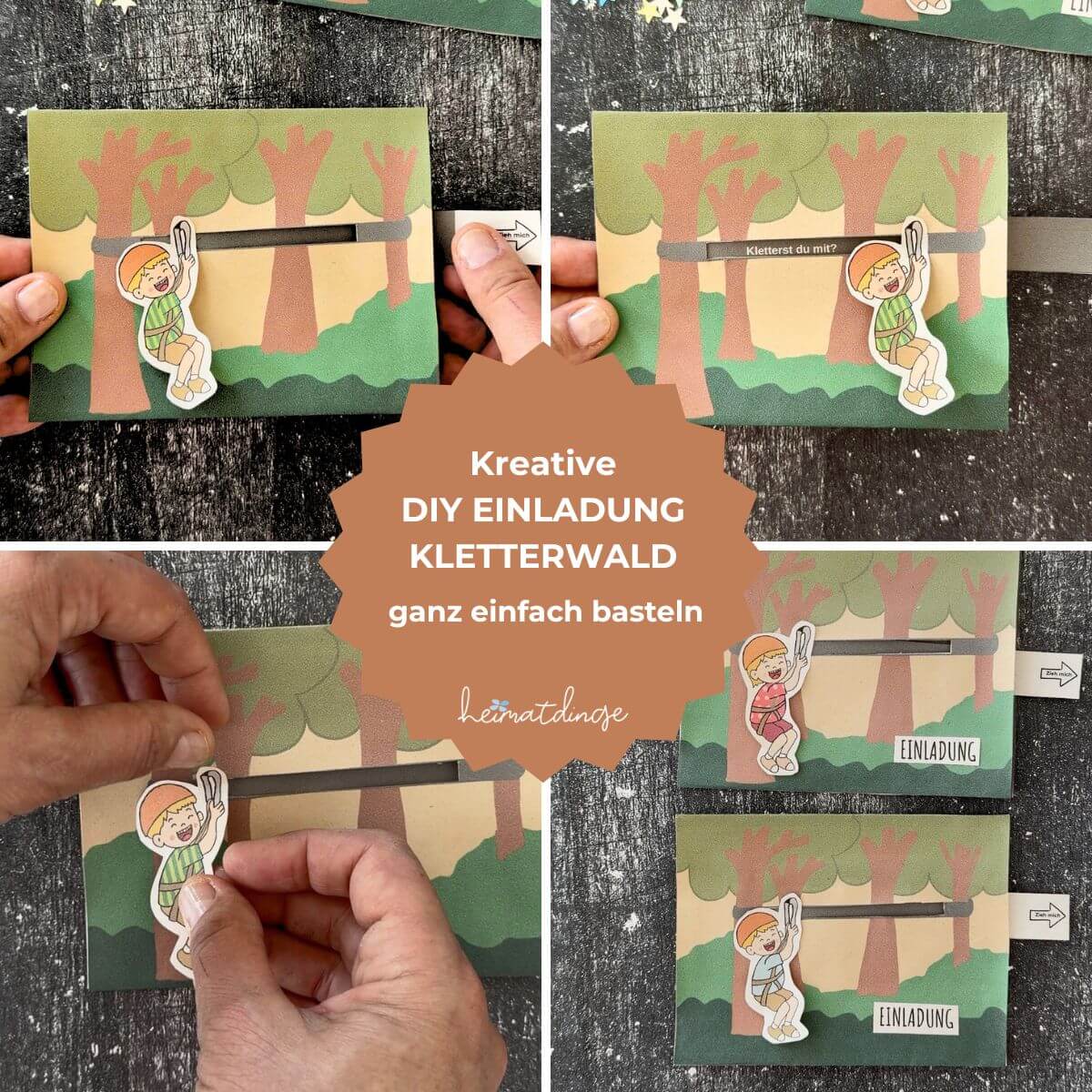 Vorlage für eine DIY Einladungskarte für einen Kindergeburtstag im Kletterwald